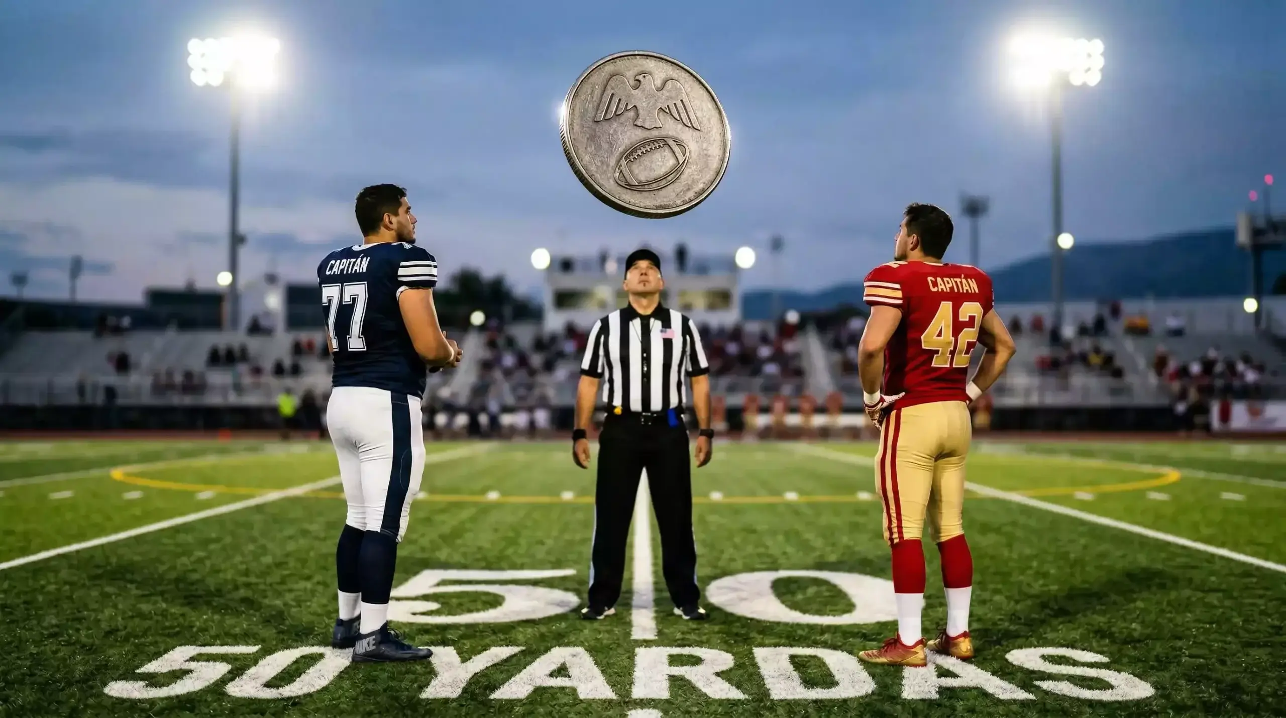 Moneda de sorteo lanzada al aire sobre el campo de fútbol americano antes del Super Bowl