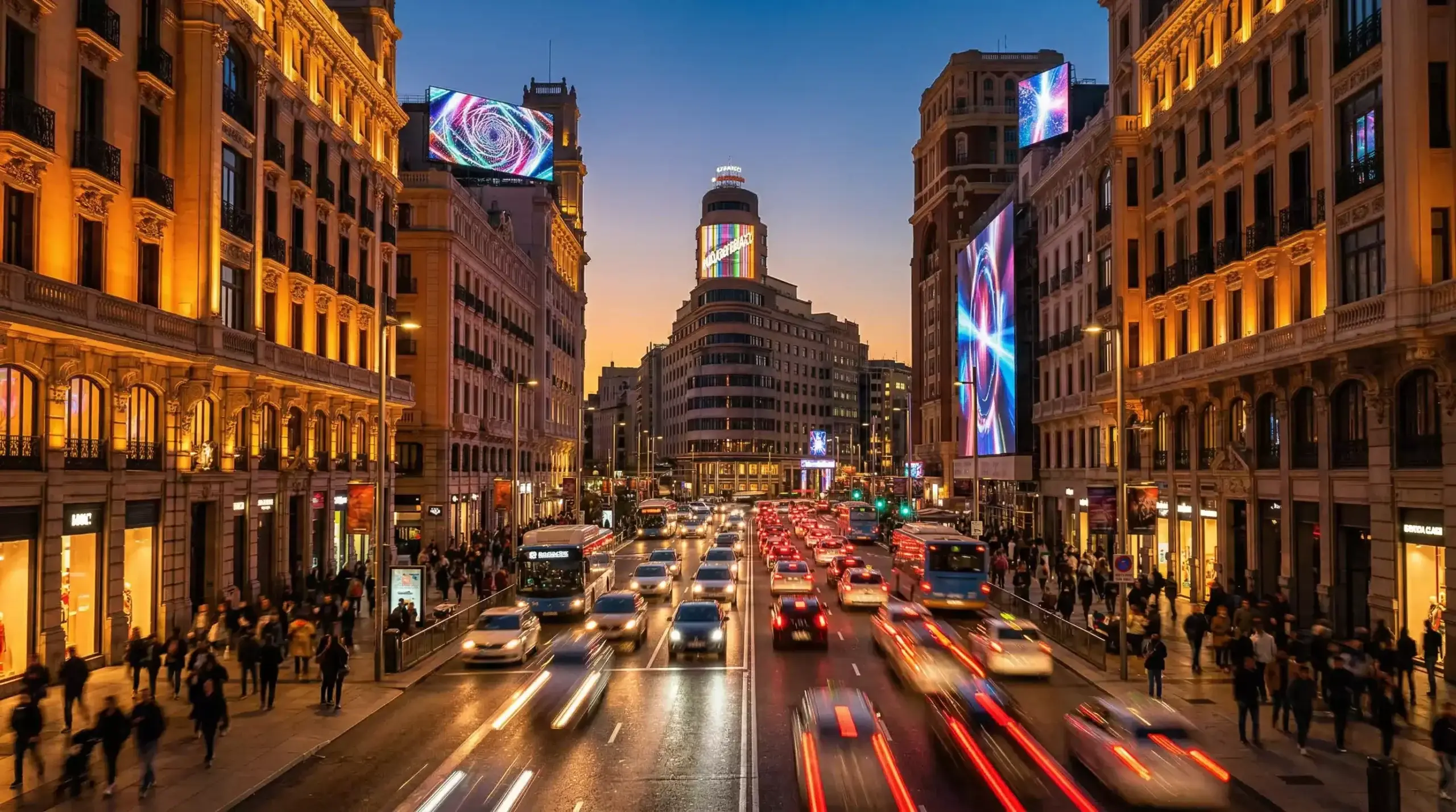 Panorámica de una calle comercial en Madrid con pantallas luminosas y público paseando de noche