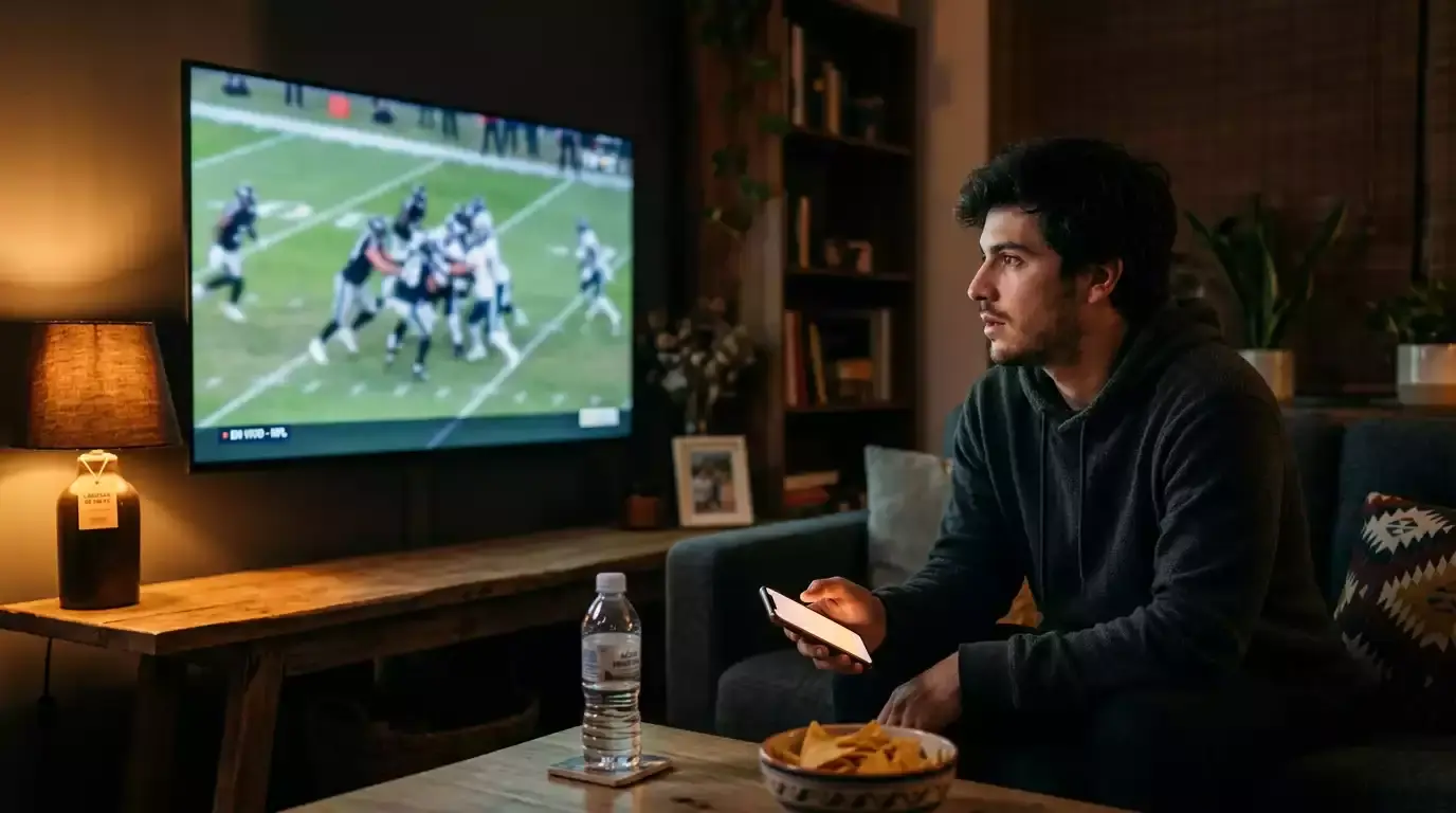 Aficionado viendo el Super Bowl en directo en televisión mientras sostiene un teléfono móvil