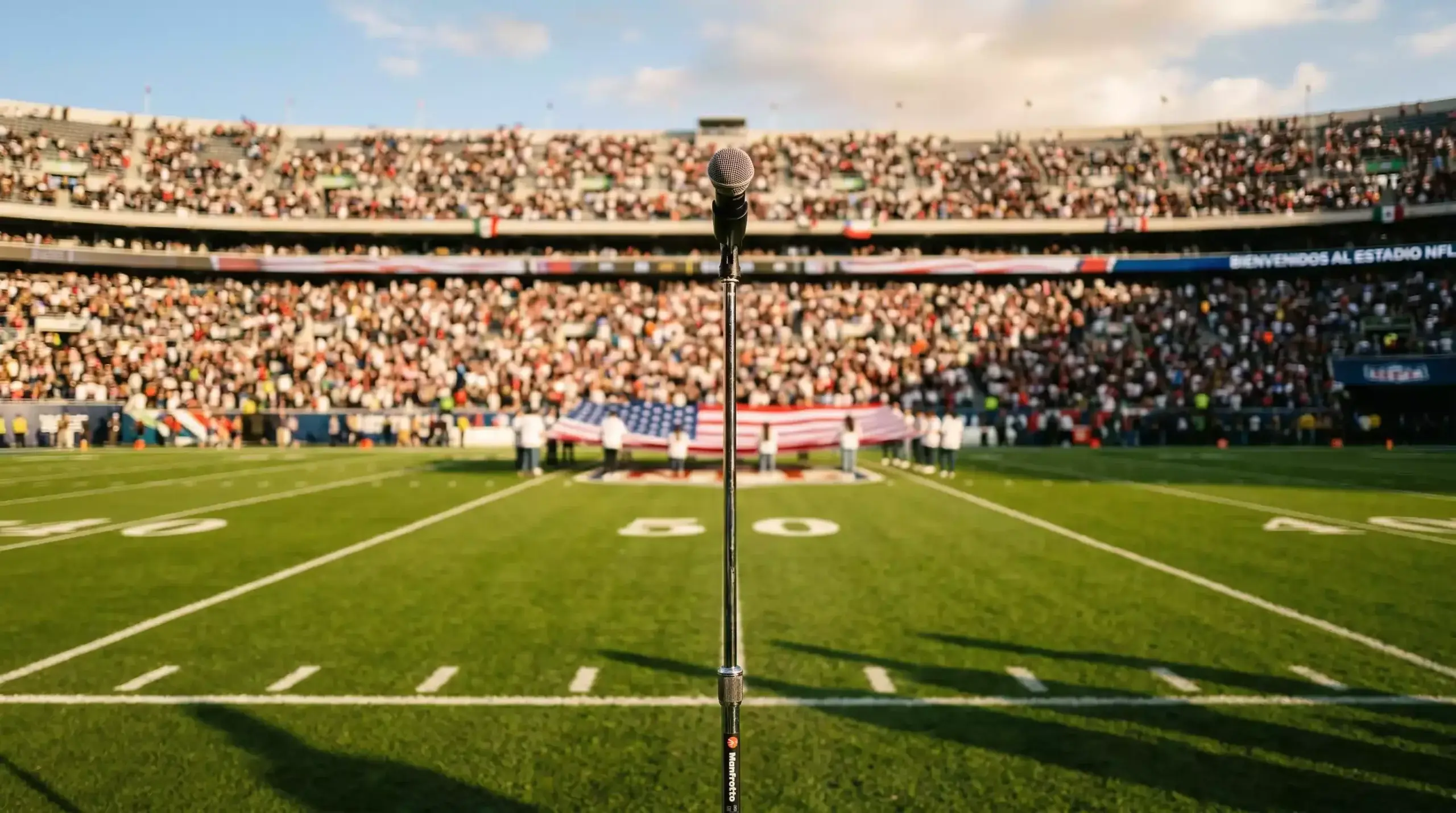 Micrófono en el centro del campo de un estadio de fútbol americano antes del himno nacional del Super Bowl