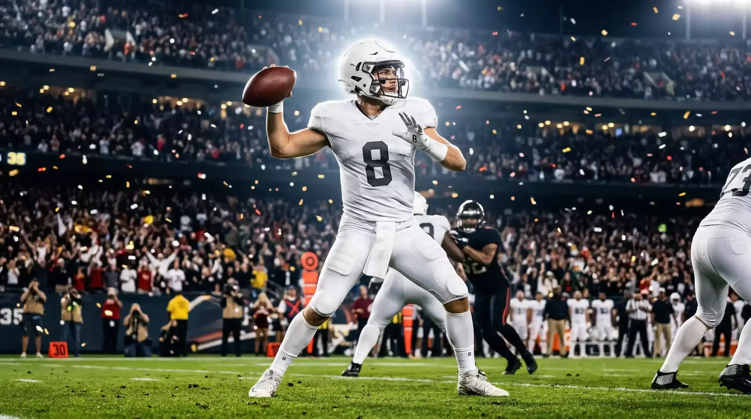 Quarterback de fútbol americano celebrando con los brazos abiertos tras una jugada decisiva en el Super Bowl