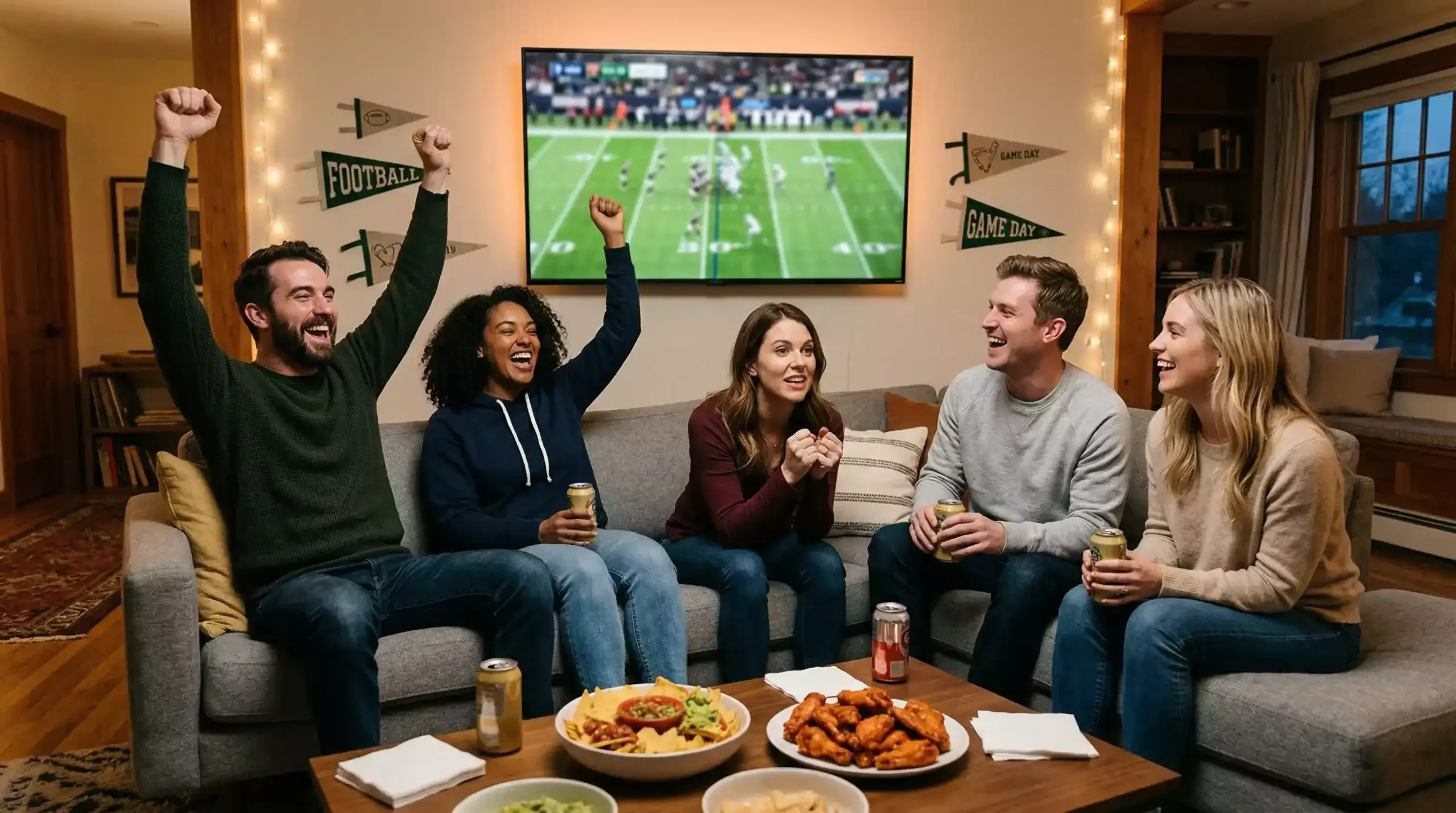 Grupo de amigos viendo el Super Bowl en un salón decorado con banderines y comida americana
