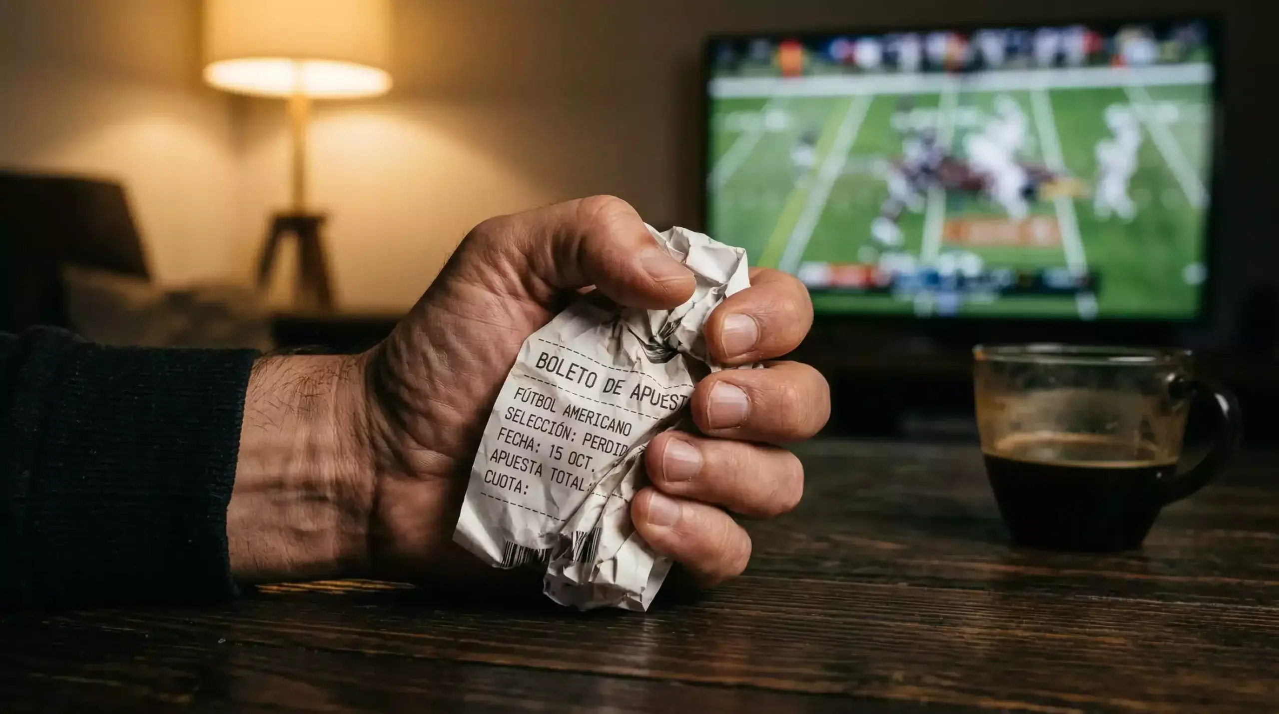 Mano de persona arrugando un boleto de apuesta fallido junto a un televisor con fútbol americano
