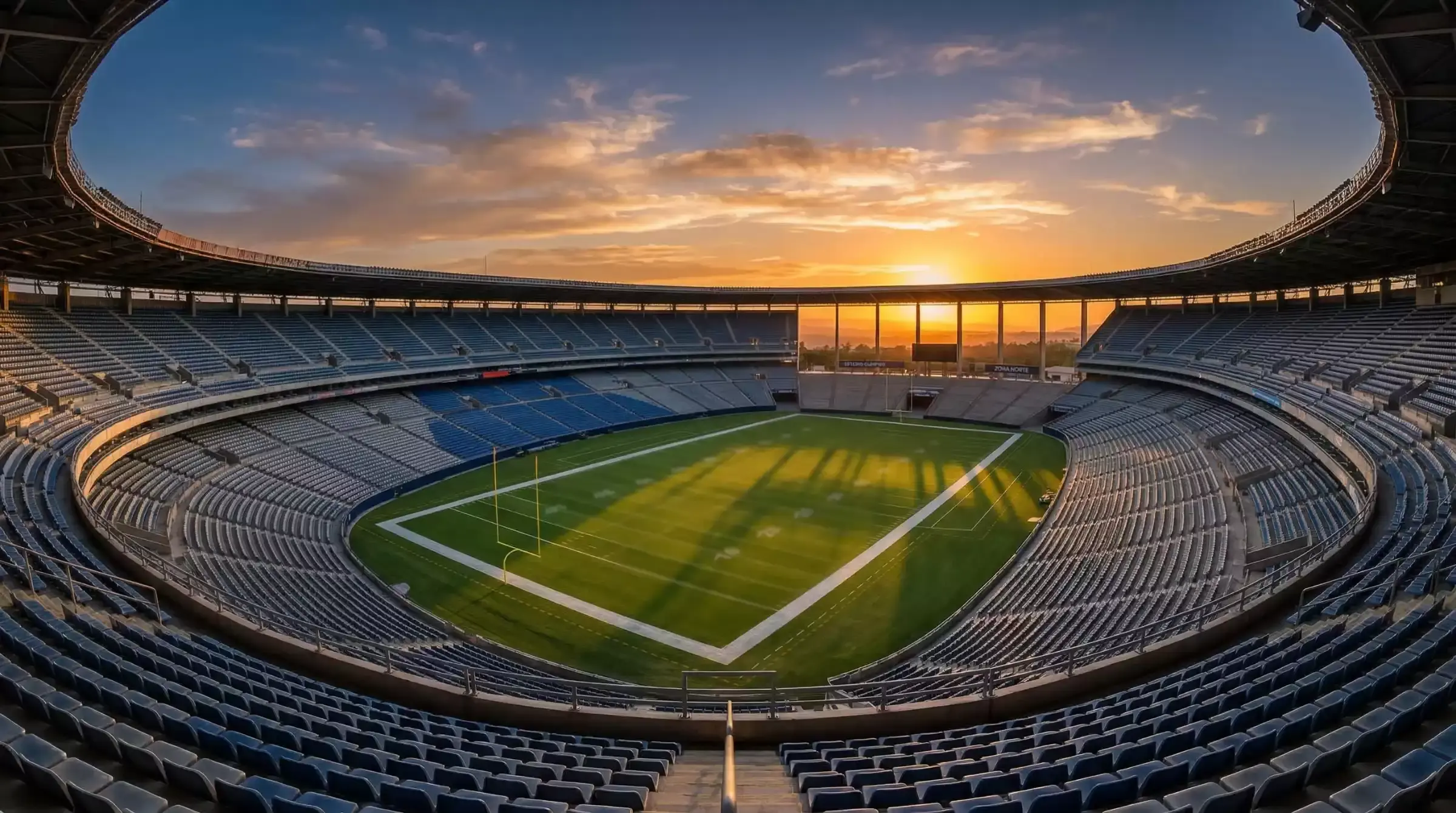 Vista panorámica de un estadio de la NFL al atardecer antes del inicio de la temporada