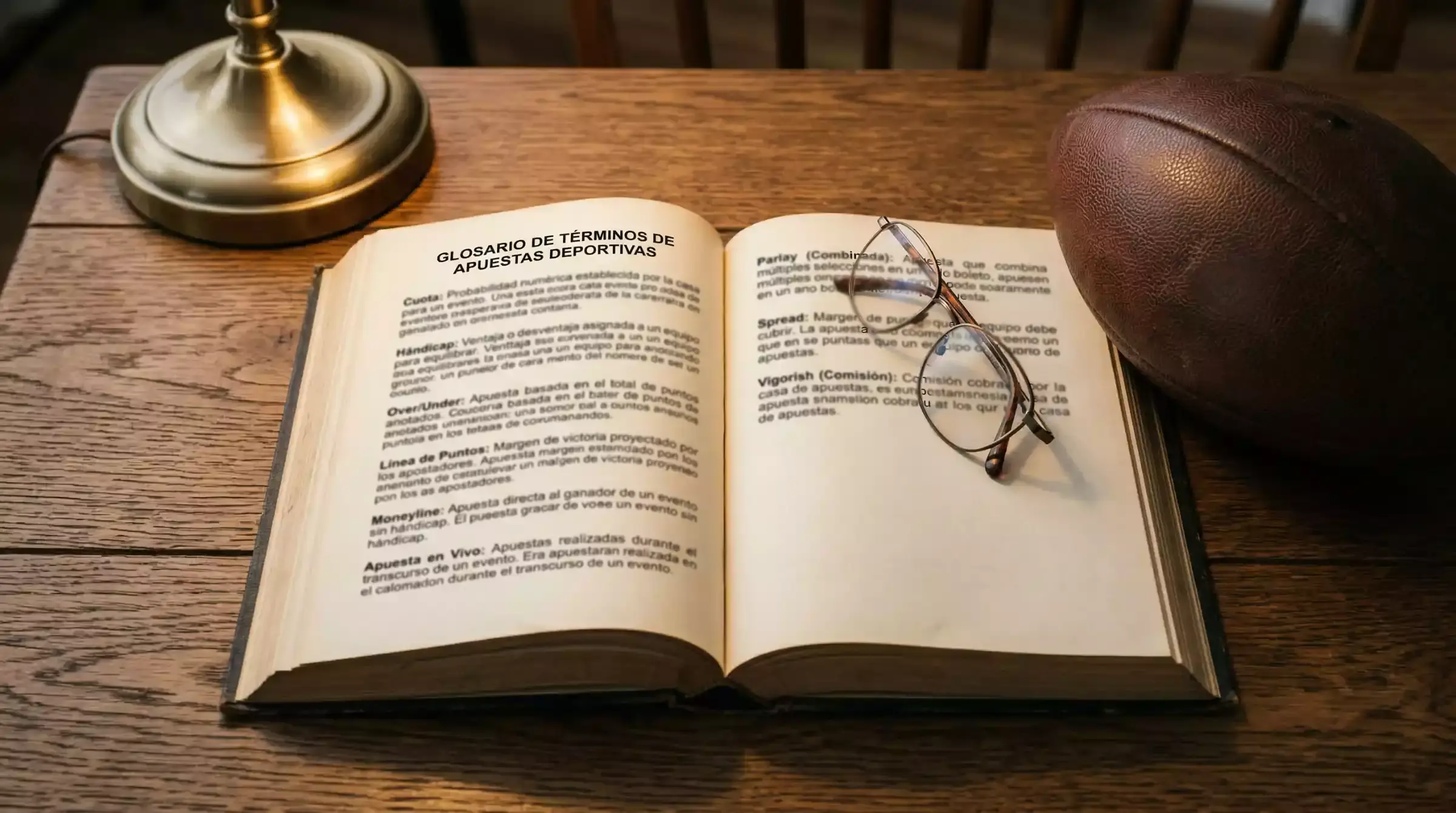 Libro abierto con terminología de apuestas deportivas junto a un balón de fútbol americano sobre un escritorio