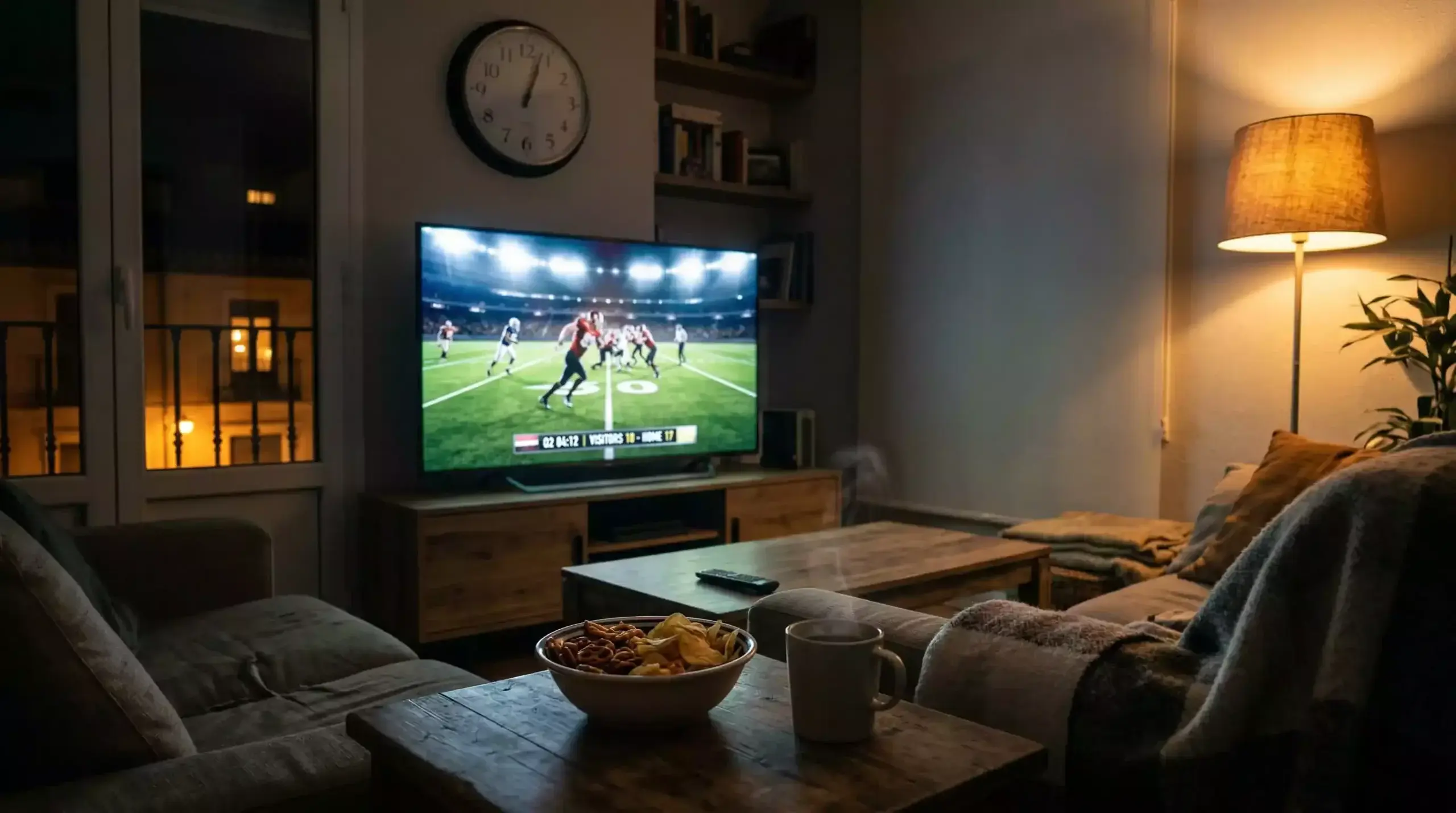 Reloj de pared marcando la madrugada con un televisor encendido mostrando fútbol americano al fondo