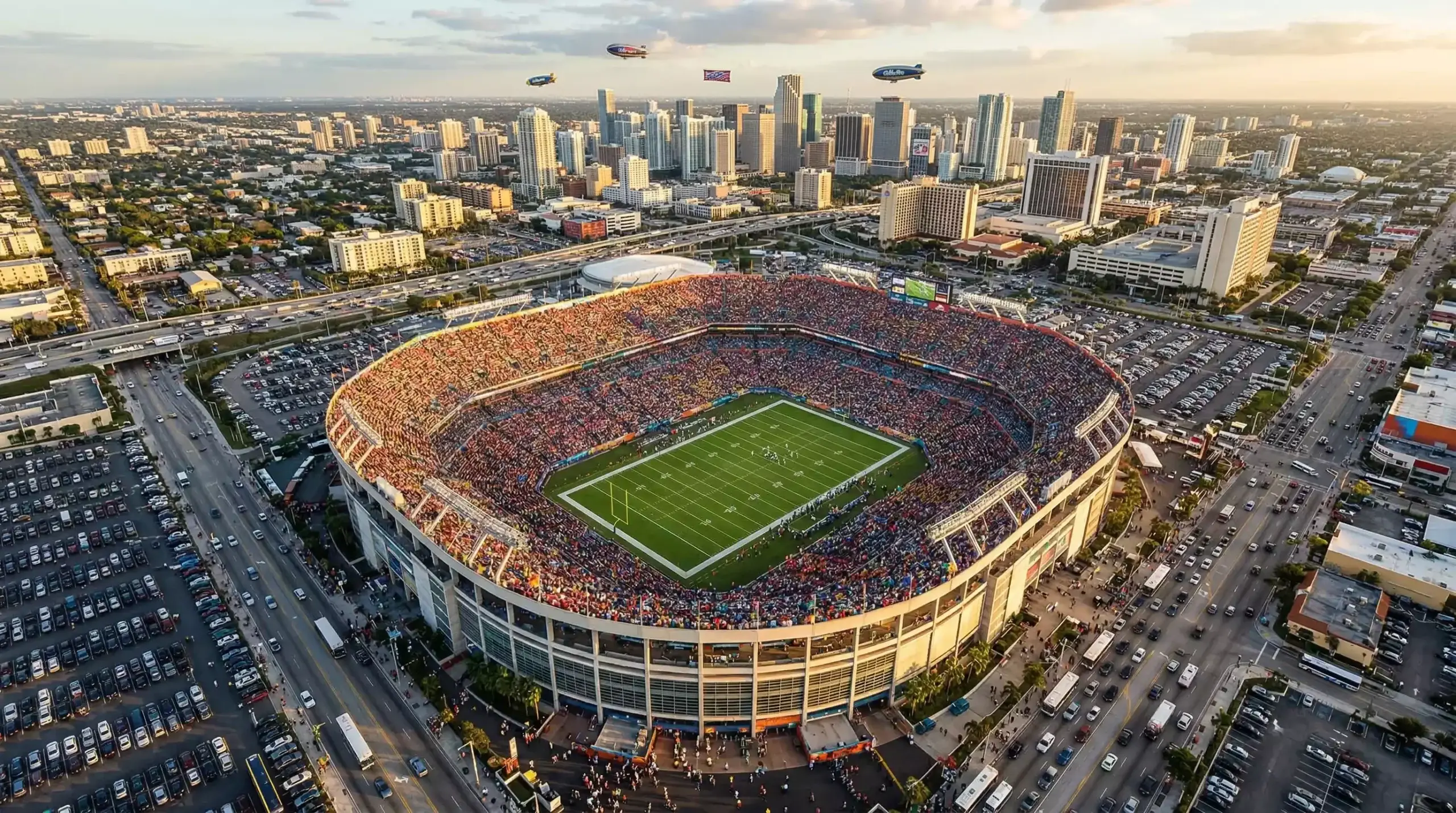 Vista aérea de un estadio de fútbol americano lleno de público rodeado por la ciudad anfitriona del Super Bowl
