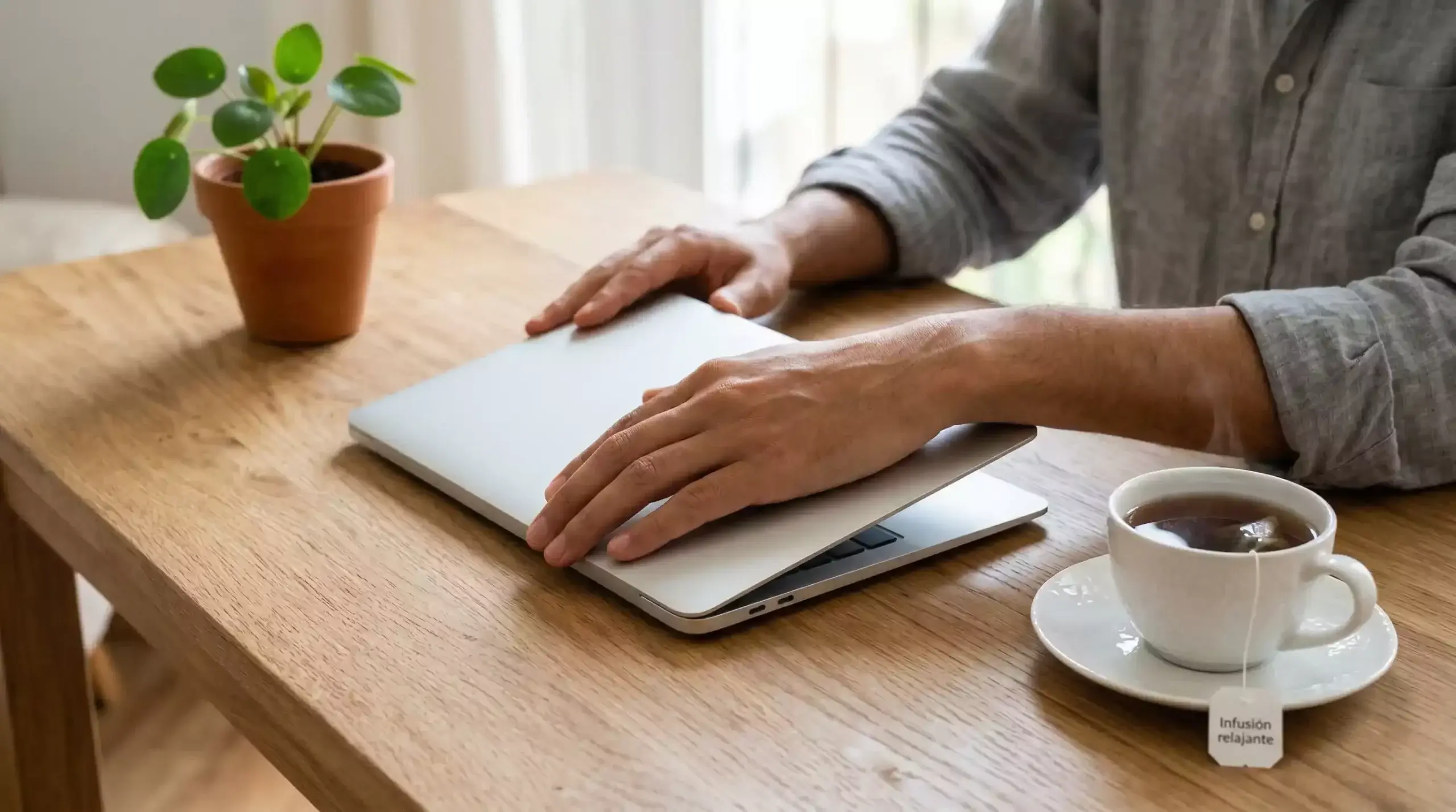 Manos de persona cerrando con calma un portátil sobre un escritorio ordenado con una taza de té