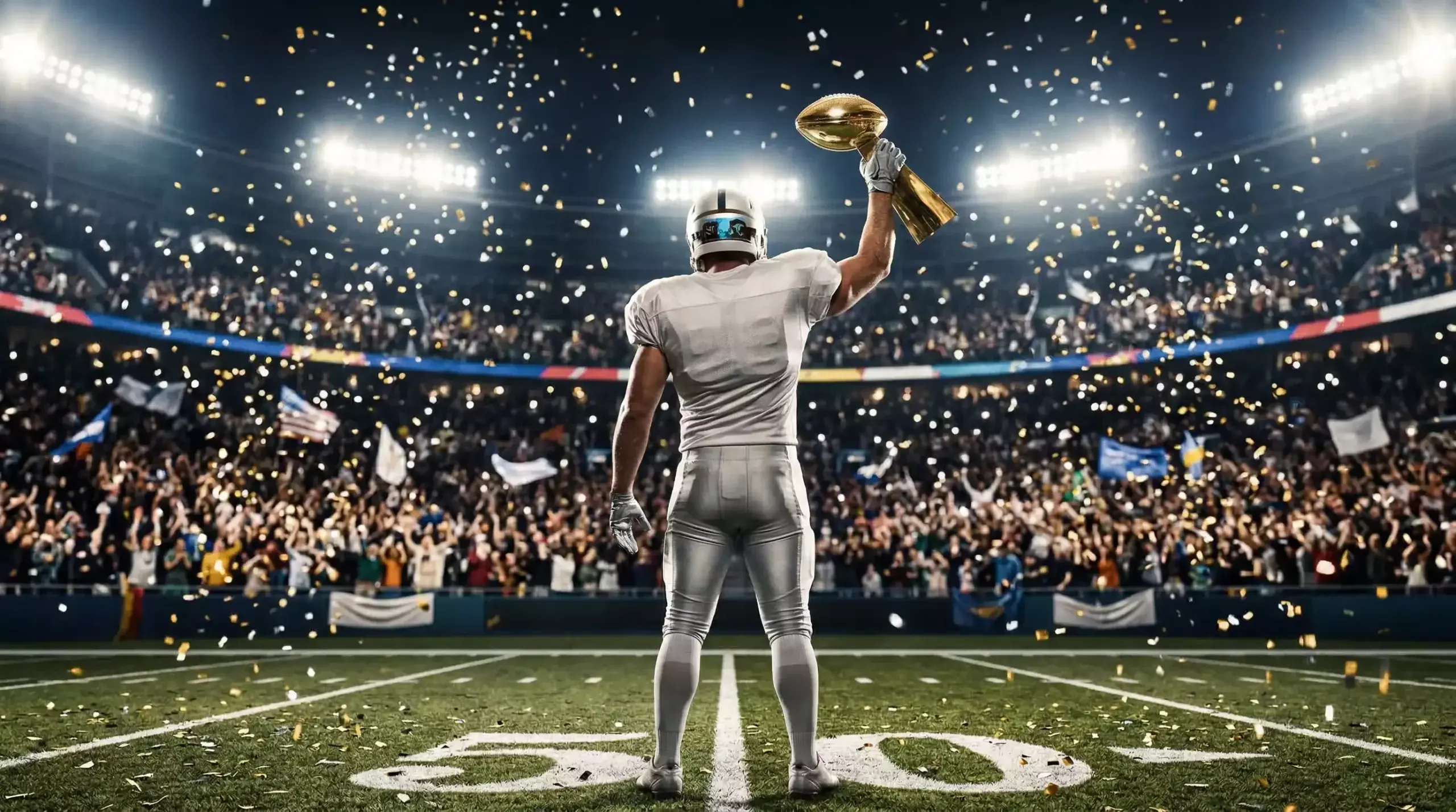 Jugador de fútbol americano levantando el trofeo Vince Lombardi tras ganar el Super Bowl