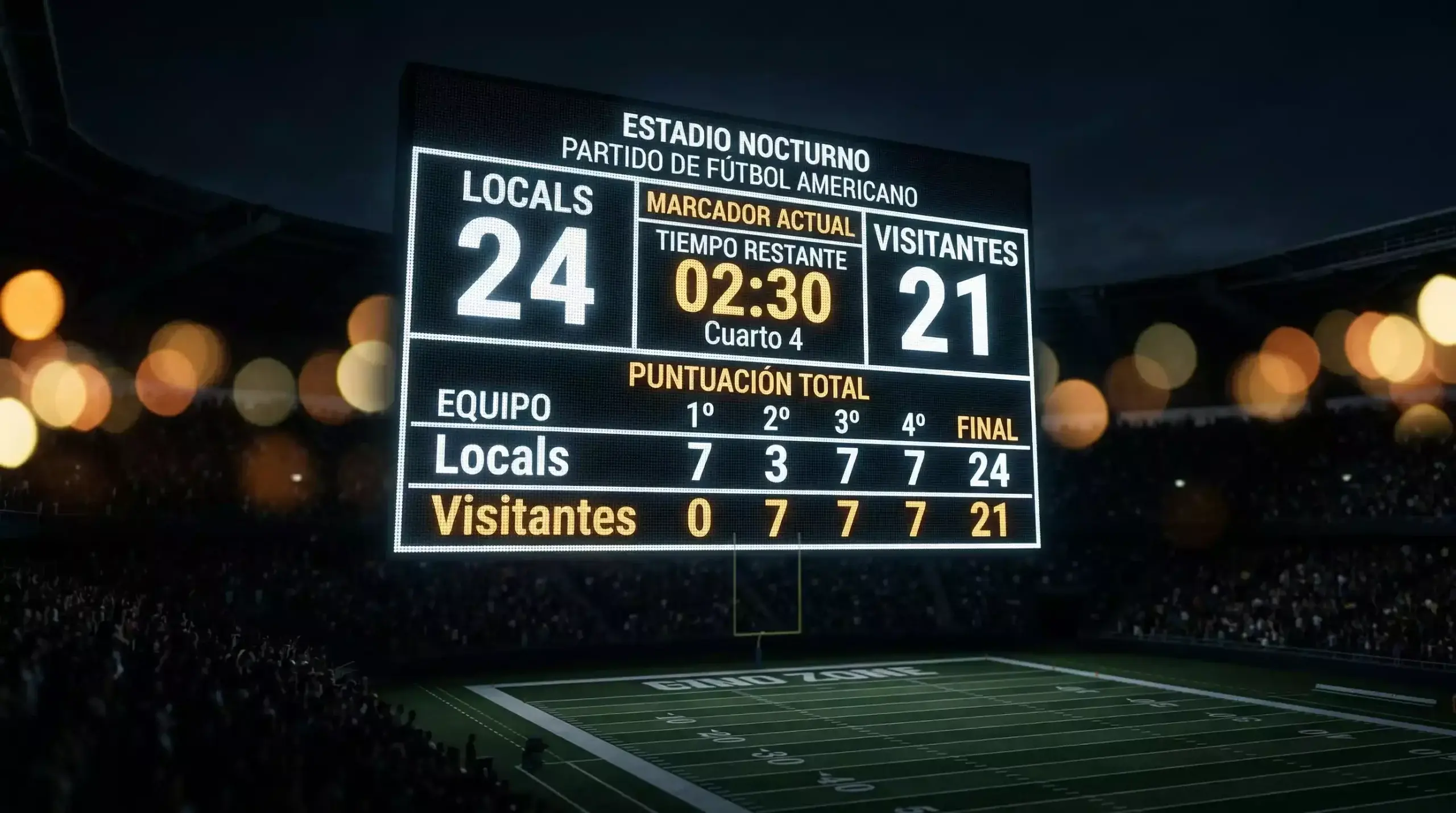 Marcador electrónico de un estadio de fútbol americano mostrando los puntos totales del Super Bowl