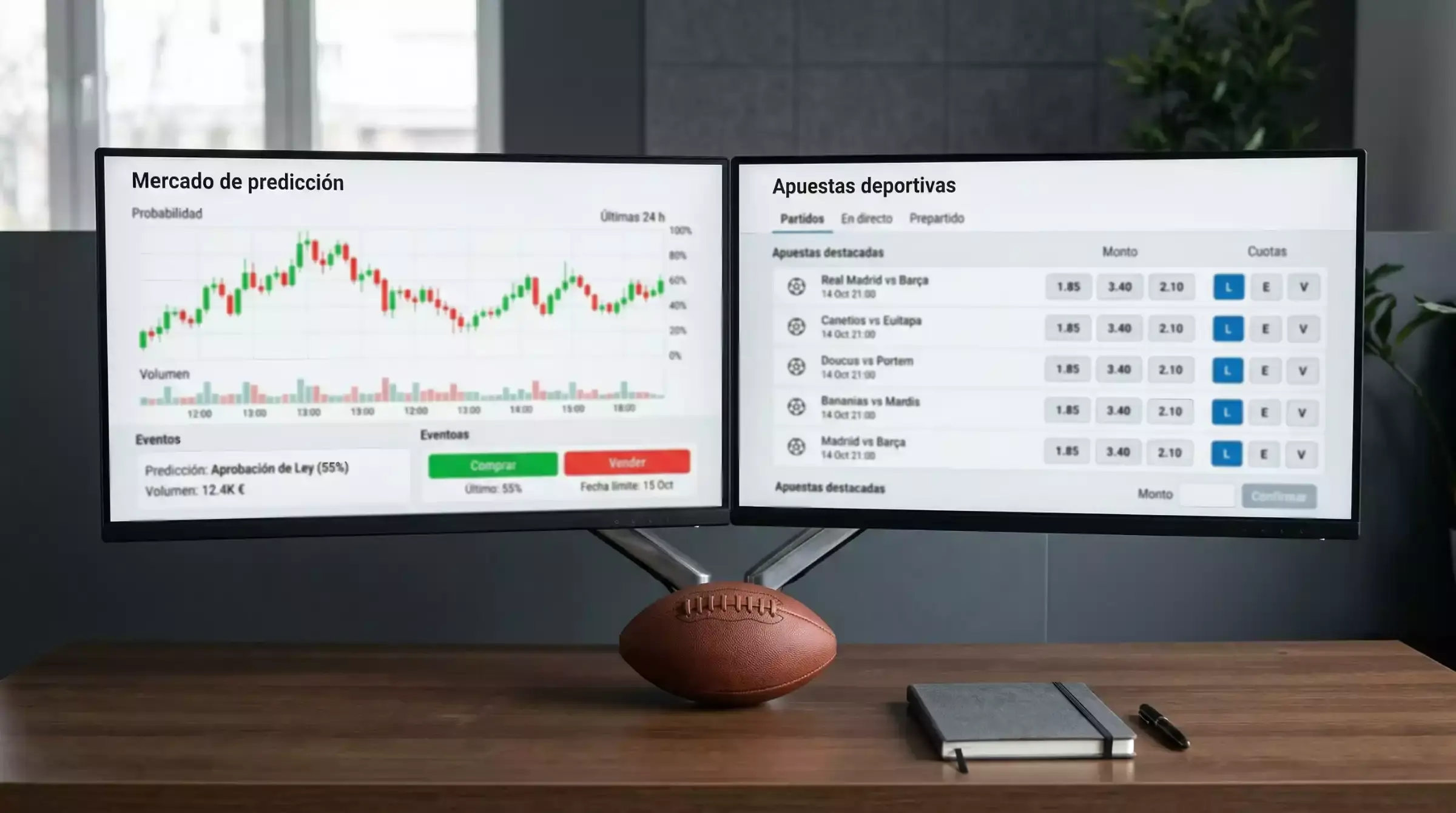 Dos pantallas enfrentadas mostrando gráficos de trading y cuotas deportivas sobre un escritorio