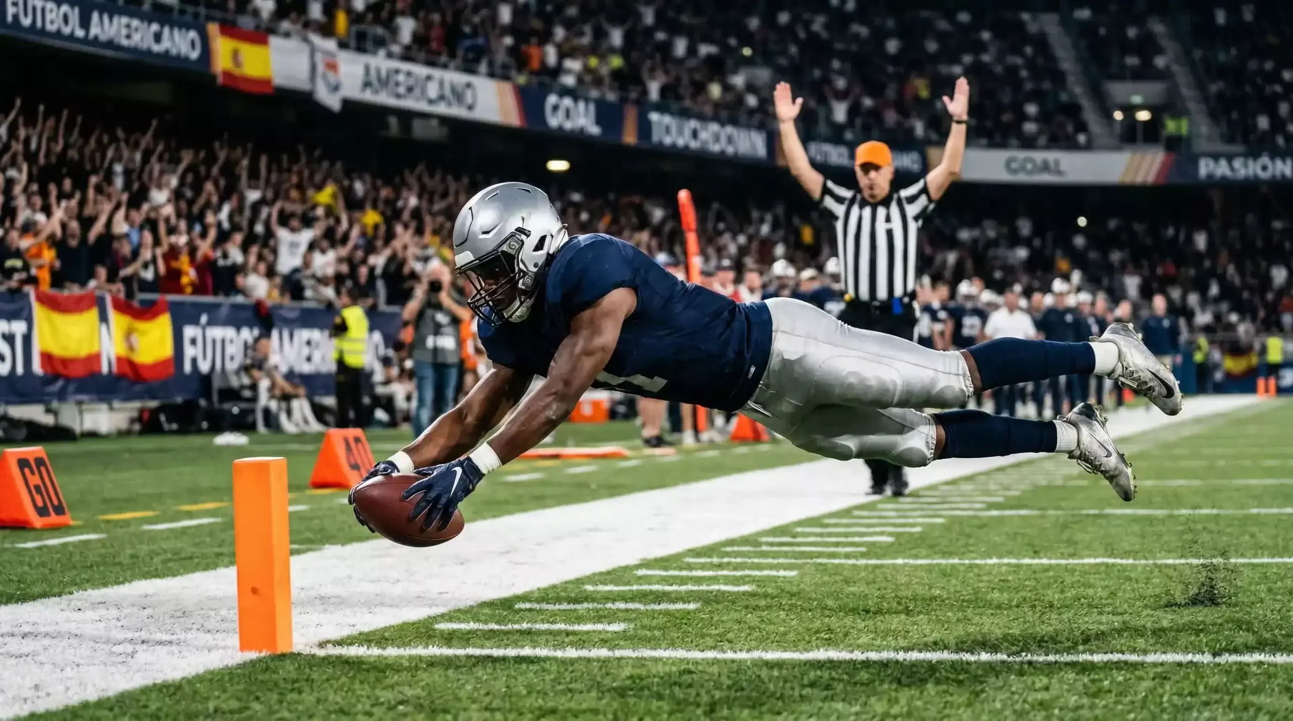 Jugador de fútbol americano cruzando la zona de anotación con el balón para el primer touchdown del Super Bowl