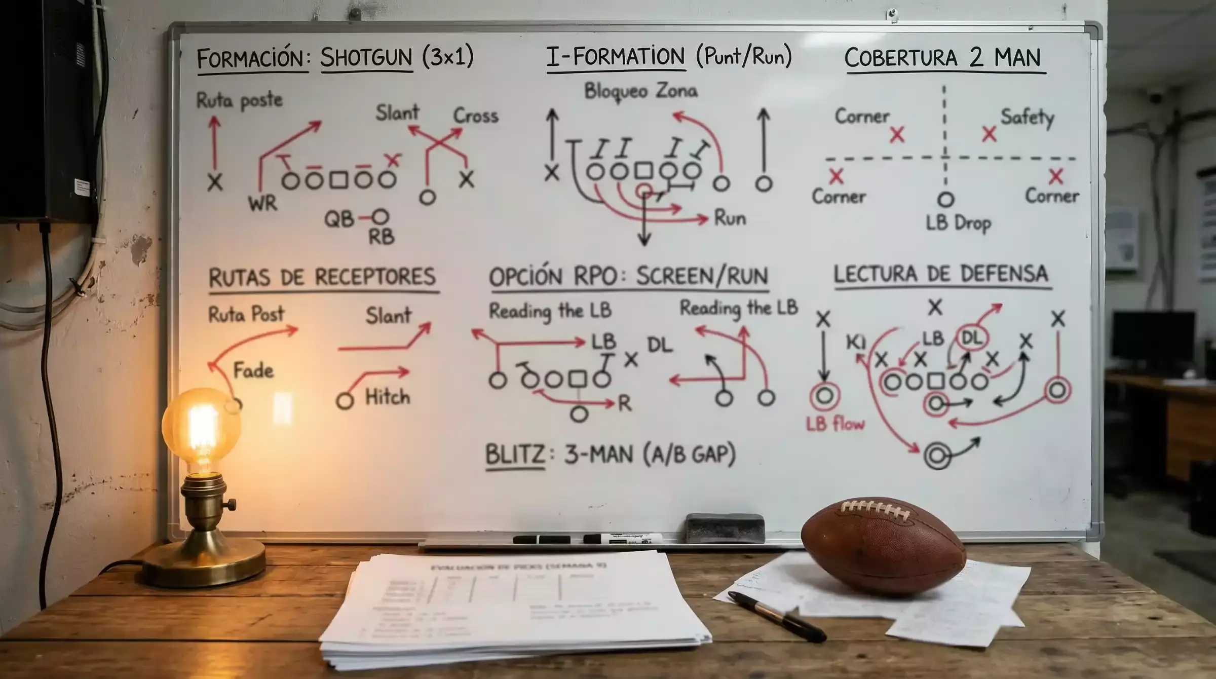 Pizarra blanca con diagramas de jugadas de fútbol americano dibujados con rotulador junto a una mesa de análisis