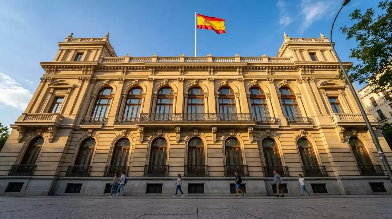 Fachada de un edificio institucional en Madrid con la bandera de España ondeando al sol