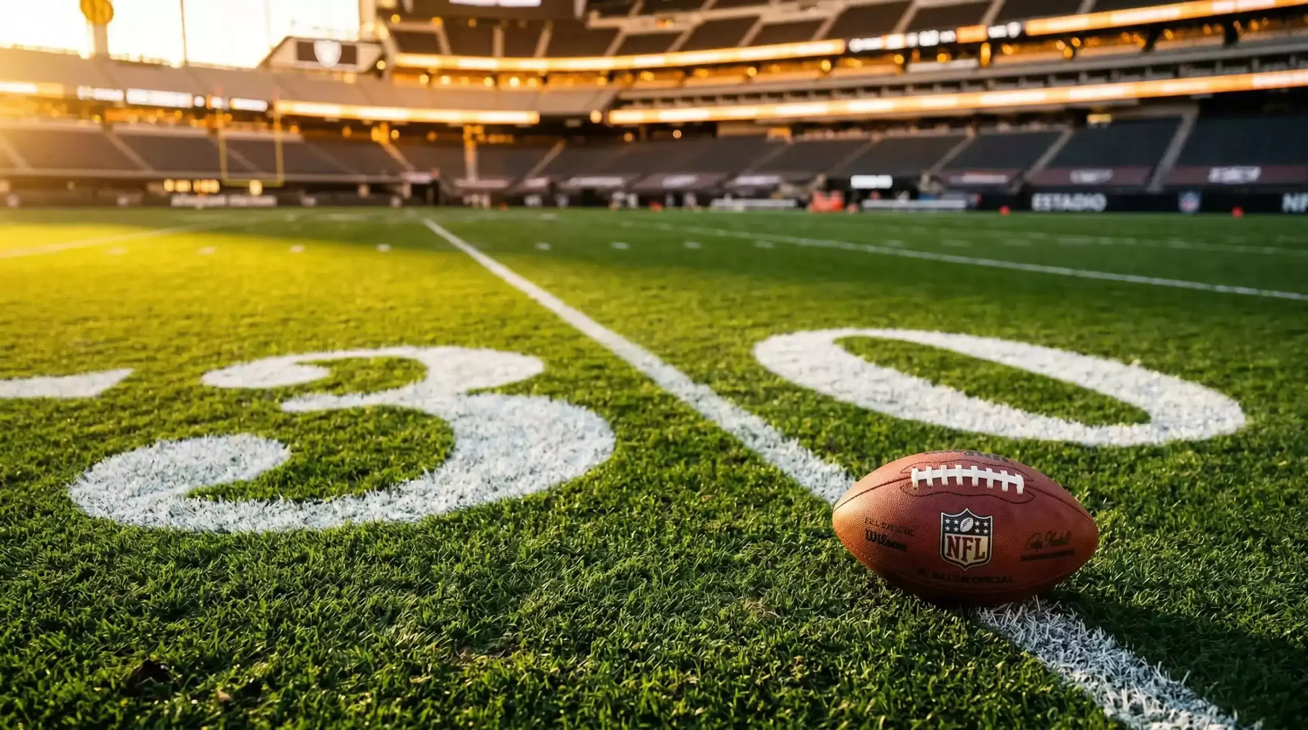 Línea de campo de fútbol americano con marcas de yardas iluminadas para explicar el spread en el Super Bowl
