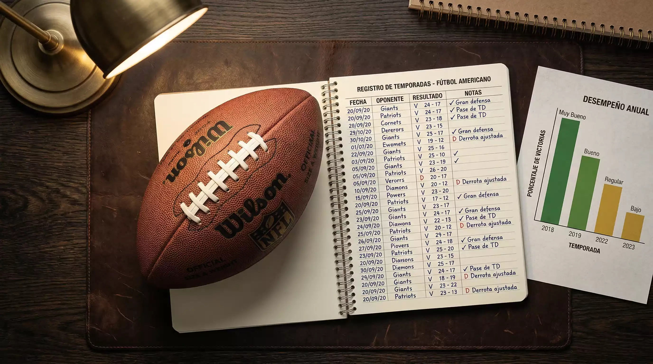 Balón de fútbol americano sobre documentos con gráficos de tendencias históricas del Super Bowl